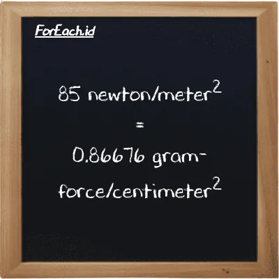 85 newton/meter<sup>2</sup> is equivalent to 0.86676 gram-force/centimeter<sup>2</sup> (85 N/m<sup>2</sup> is equivalent to 0.86676 gf/cm<sup>2</sup>)